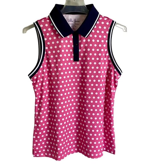 Lillie Green Pink Polka Dot Sleeveless Top Quarter Button Women's Small NEW - Picture 1 of 9
